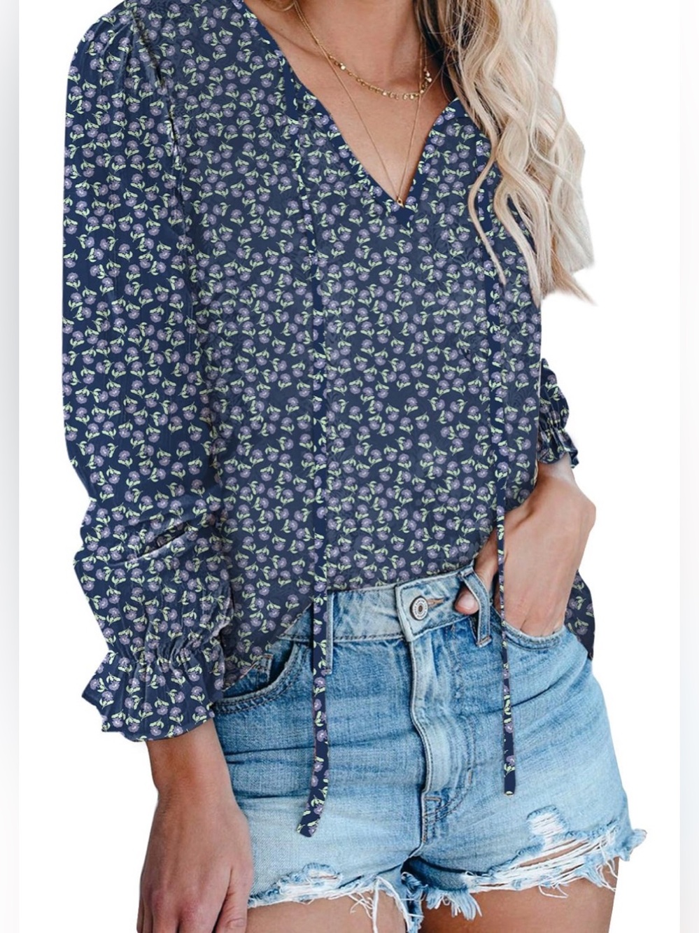 Floral V-Neck Long Sleeve Blouse - Navy